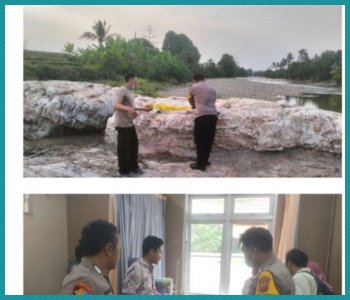 Petugas Polsek Tanjungsari saat memeriksa tempat kejadian perkara tewasnya pelajar MI Pasirtanjung, Kecamatan Tanjungsari di Sungai Cibeet.